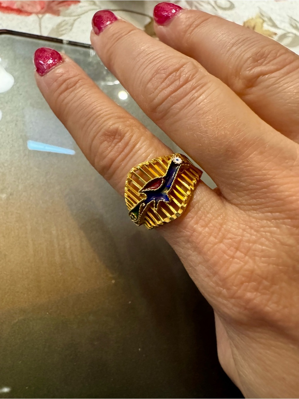 22K Solid Gold Bird Enamel Ring - Blue and Red Accent - Picture 5 of 7